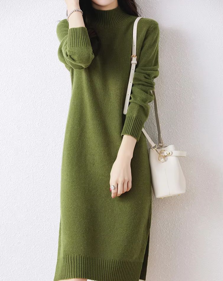 Robe Pull Verte en Laine Mérinos