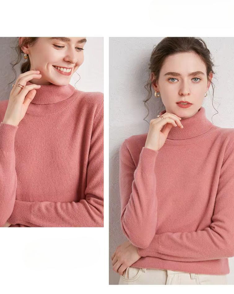 Pull Col Roulé Rose en Laine Mérinos