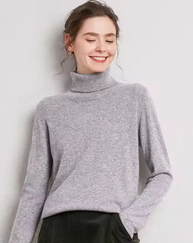 Pull Col Roulé Gris Clair en Laine Mérinos