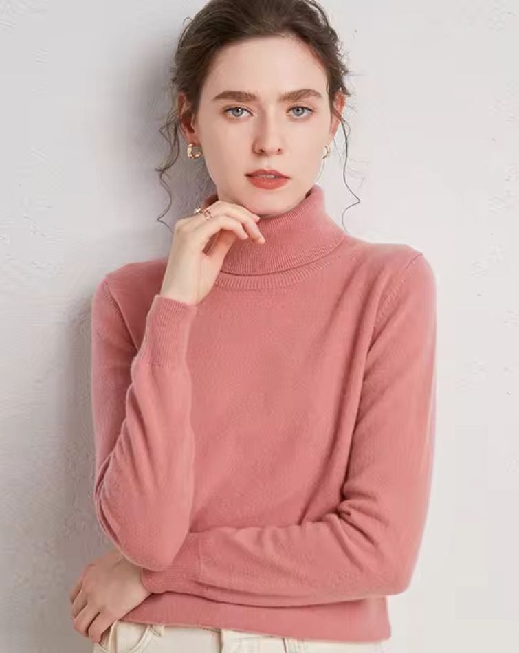 Pull Col Roulé Rose en Laine Mérinos