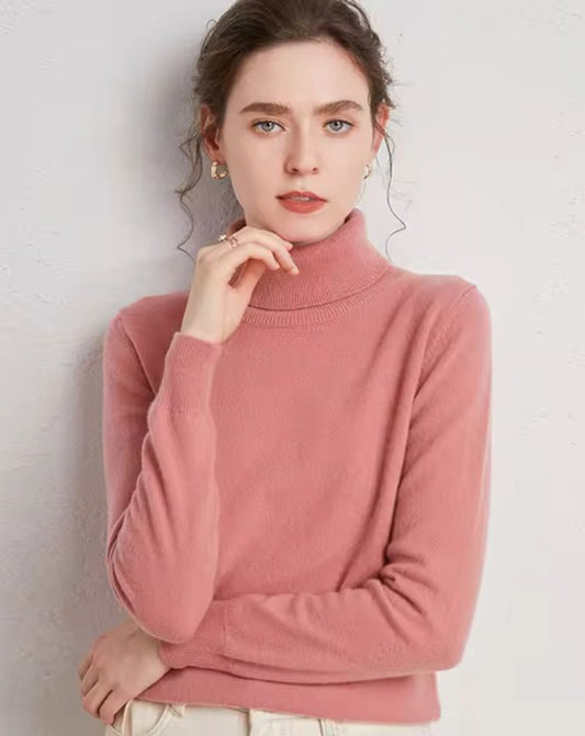 Pull Col Roulé Rose en Laine Mérinos