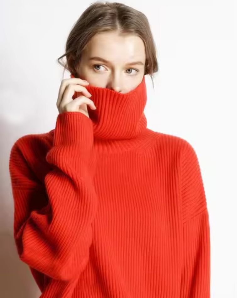 Pull Oversize Rouge à Col Roulé