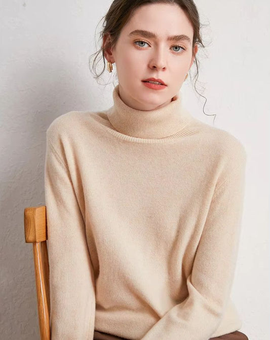 Pull Col Roulé Beige Clair en Laine Mérinos