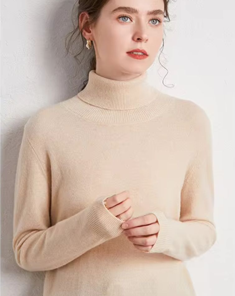 Pull Col Roulé Beige Clair en Laine Mérinos